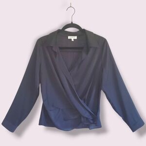 Heartloom Women's Black Striped Wrap V-Neck Long Sleeve Blouse Top Size Medium